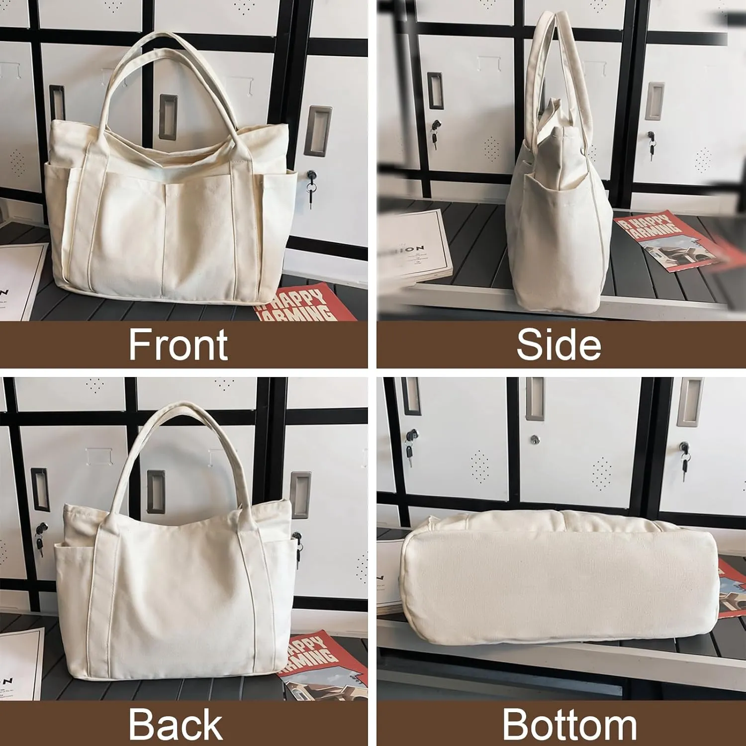 Muka Large Canvas Tote Bag with Multi-pocket, Heavy Duty Shoulder Bag Handbag, 20" x 14" x 6"