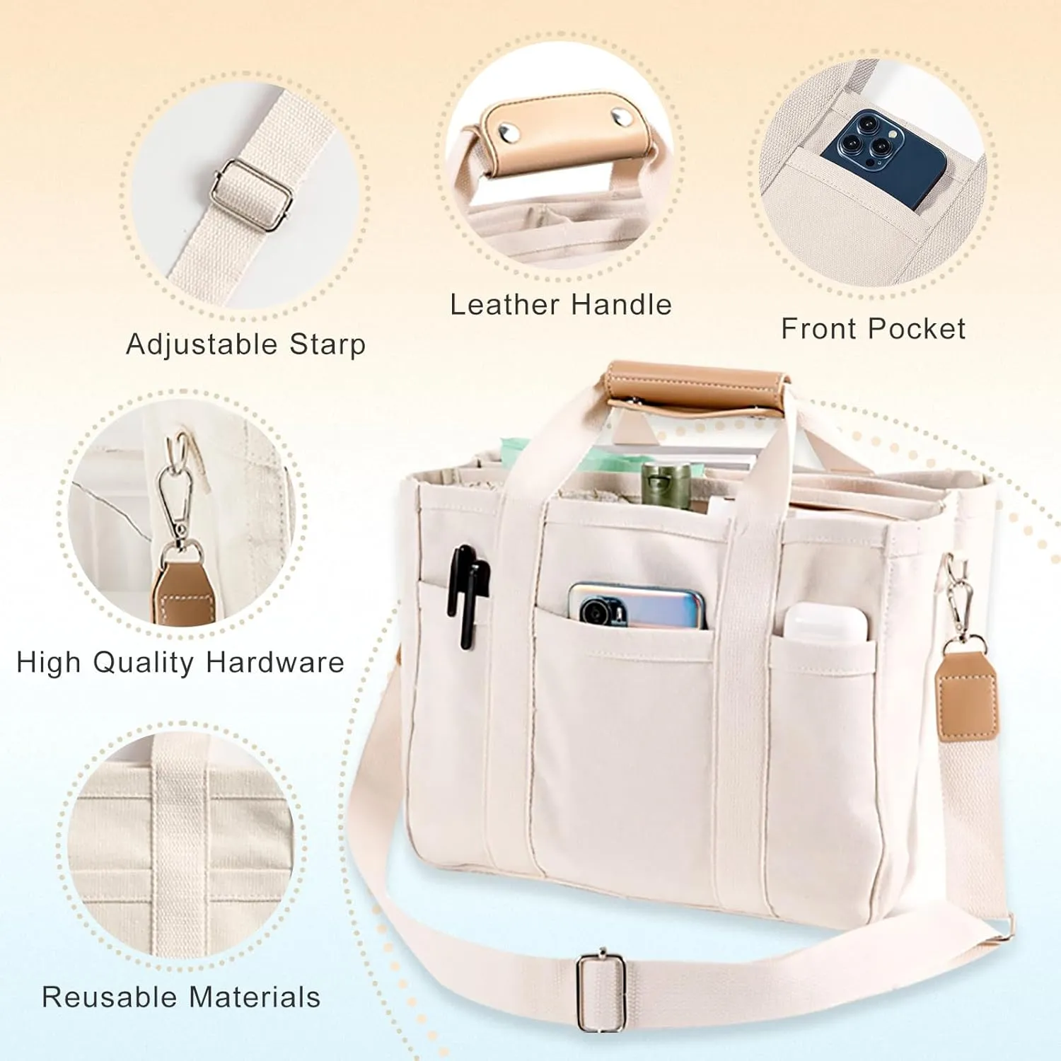 Multi Pocket Tote Bag for Women Canvas Bag with Handle Bag Large Cpacity Purse Reusable Handbag
