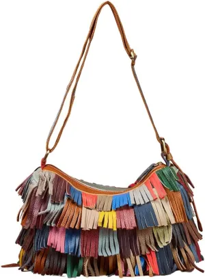 Multicolor Crossbody Bag for Women Leather Colorful Tassels Handbag Fringe Hobo Bag Vintage Shoulder Purses