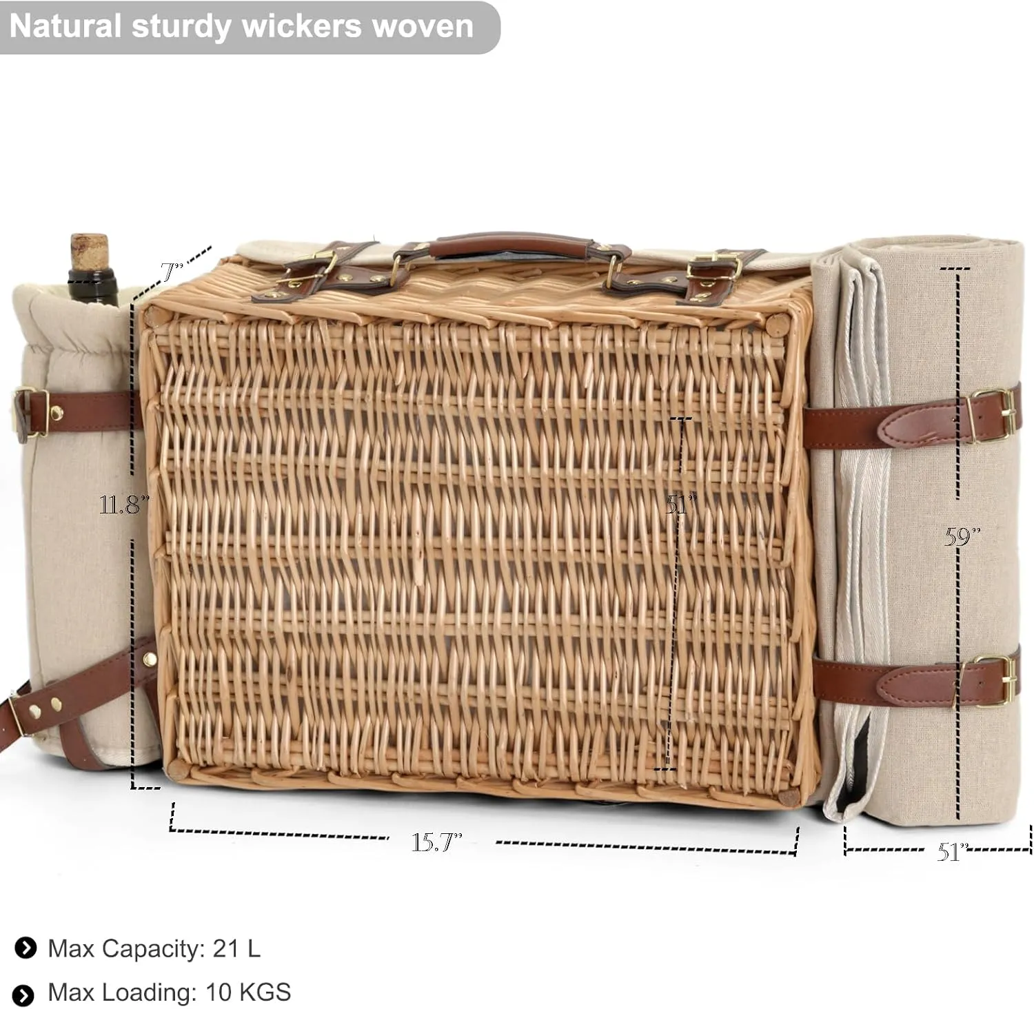 Multifunctional Wicker Picnic Basket Set for 2 with Blanket and Picnic Table, Insulated Picnic Set with Full Tablewares for Camping Outdoor Couples,Natural