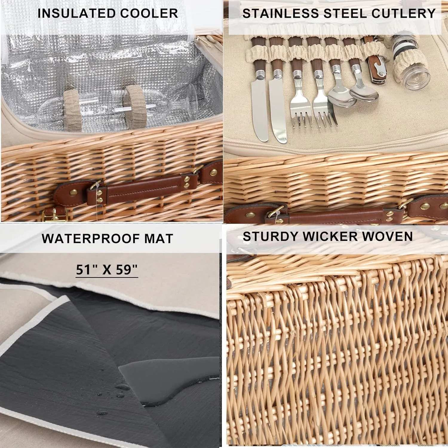 Multifunctional Wicker Picnic Basket Set for 2 with Blanket and Picnic Table, Insulated Picnic Set with Full Tablewares for Camping Outdoor Couples,Natural
