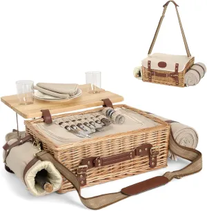 Multifunctional Wicker Picnic Basket Set for 2 with Blanket and Picnic Table, Insulated Picnic Set with Full Tablewares for Camping Outdoor Couples,Natural