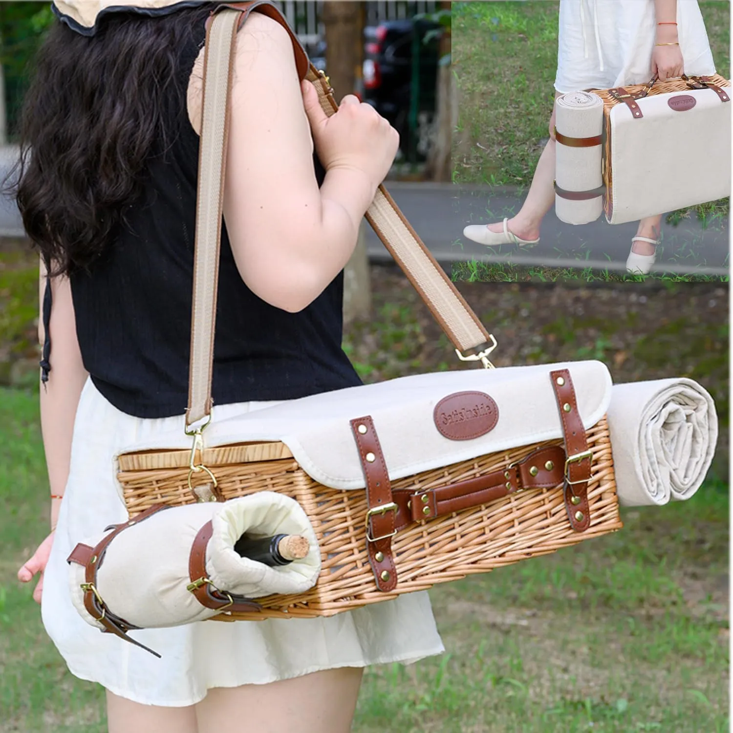 Multifunctional Wicker Picnic Basket Set for 2 with Blanket and Picnic Table, Insulated Picnic Set with Full Tablewares for Camping Outdoor Couples,Natural