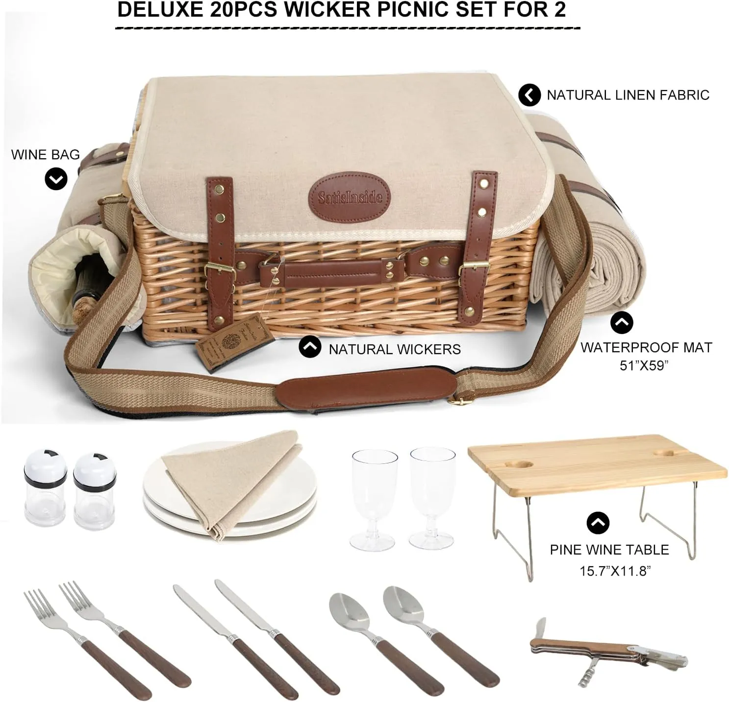 Multifunctional Wicker Picnic Basket Set for 2 with Blanket and Picnic Table, Insulated Picnic Set with Full Tablewares for Camping Outdoor Couples,Natural