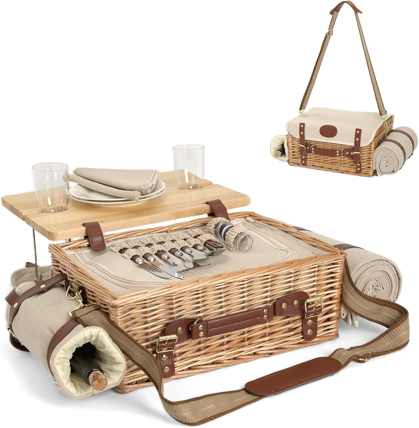 Multifunctional Wicker Picnic Basket Set for 2 with Blanket and Picnic Table, Insulated Picnic Set with Full Tablewares for Camping Outdoor Couples,Natural