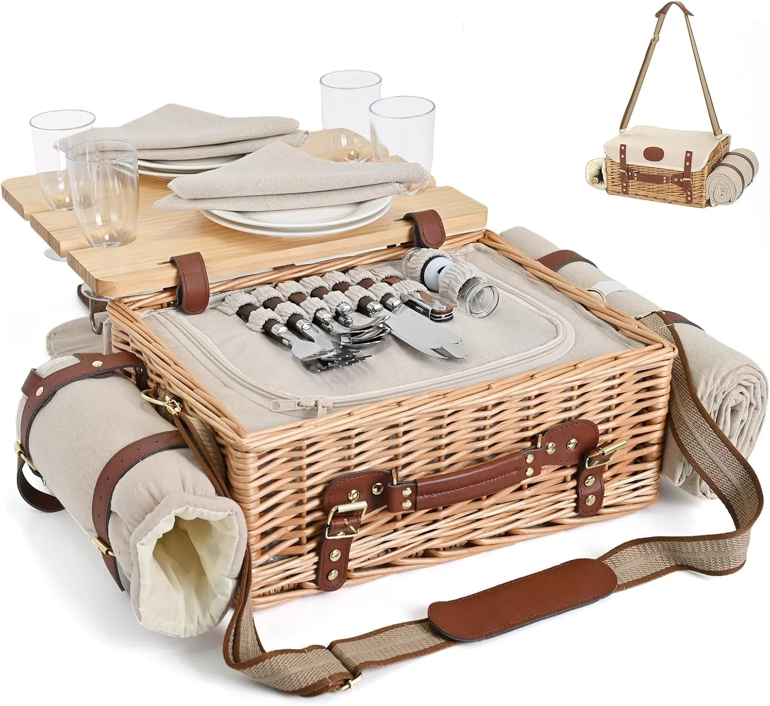 Multifunctional Wicker Picnic Basket Set for 4 with Blanket and Picnic Table, Insulated Picnic Set with Full Tablewares for Camping Outdoor Couples,Natural