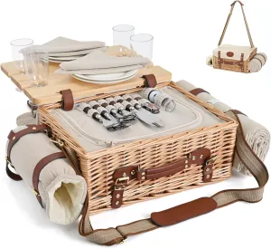 Multifunctional Wicker Picnic Basket Set for 4 with Blanket and Picnic Table, Insulated Picnic Set with Full Tablewares for Camping Outdoor Couples,Natural