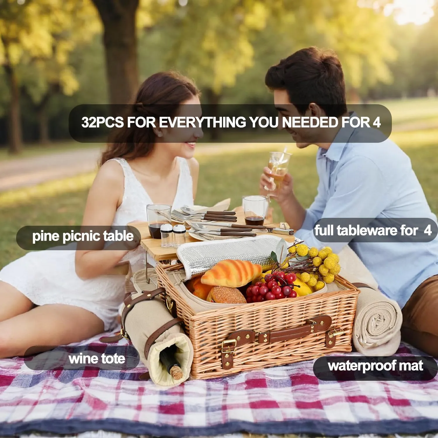 Multifunctional Wicker Picnic Basket Set for 4 with Blanket and Picnic Table, Insulated Picnic Set with Full Tablewares for Camping Outdoor Couples,Natural