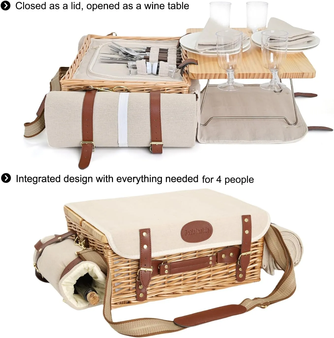 Multifunctional Wicker Picnic Basket Set for 4 with Blanket and Picnic Table, Insulated Picnic Set with Full Tablewares for Camping Outdoor Couples,Natural