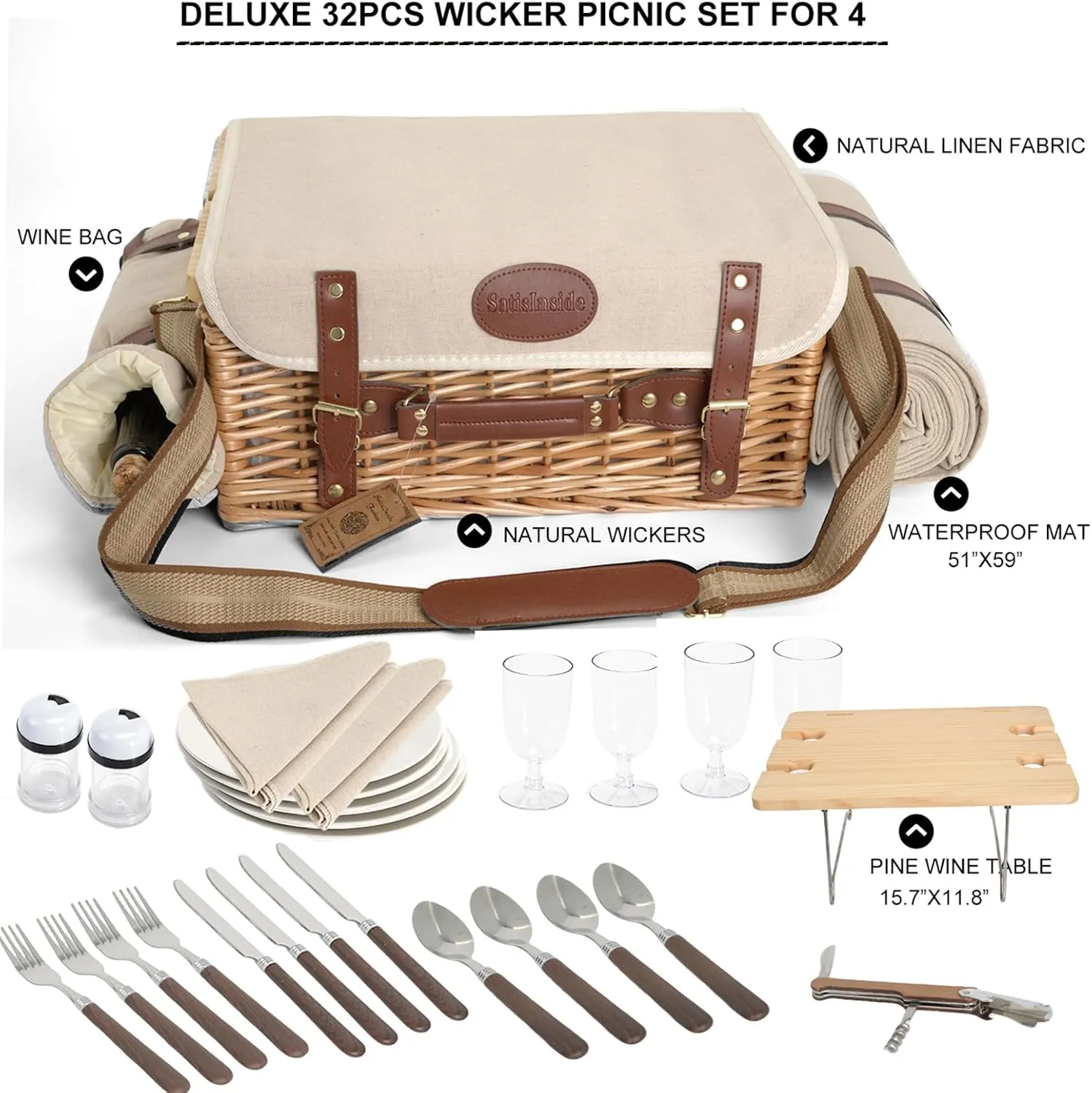 Multifunctional Wicker Picnic Basket Set for 4 with Blanket and Picnic Table, Insulated Picnic Set with Full Tablewares for Camping Outdoor Couples,Natural