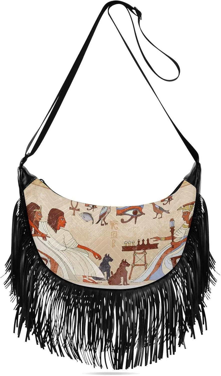 Murals Ancient Egypt Scene Crossbody Bag for Women Fringe Shoulder Bag with Adjustable Strap