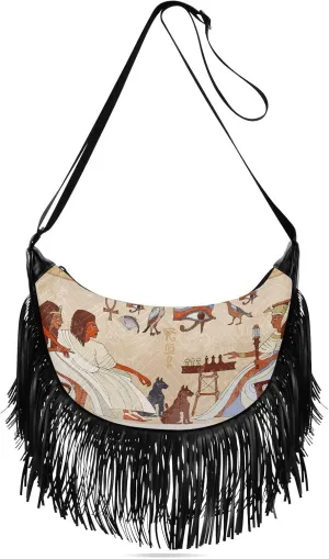 Murals Ancient Egypt Scene Crossbody Bag for Women Fringe Shoulder Bag with Adjustable Strap