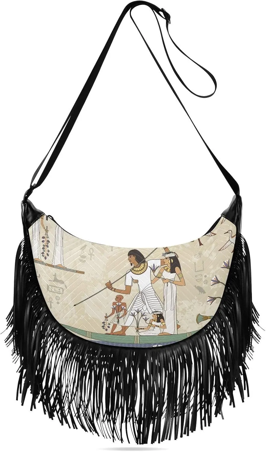 Murals with Ancient Egypt Scene Crossbody Bag for Women Fringe Shoulder Bag with Adjustable Strap
