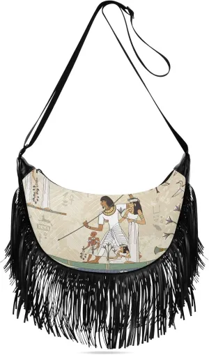 Murals with Ancient Egypt Scene Crossbody Bag for Women Fringe Shoulder Bag with Adjustable Strap