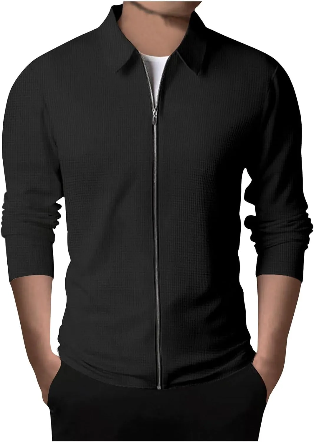 Muscularfit Mens Fall Jackets Long Sleeve Casual Waffle Coat Classic Full Zip Relaxed Fit Collared Jacket Outdoor Trendy Coat