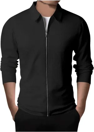 Muscularfit Mens Fall Jackets Long Sleeve Casual Waffle Coat Classic Full Zip Relaxed Fit Collared Jacket Outdoor Trendy Coat
