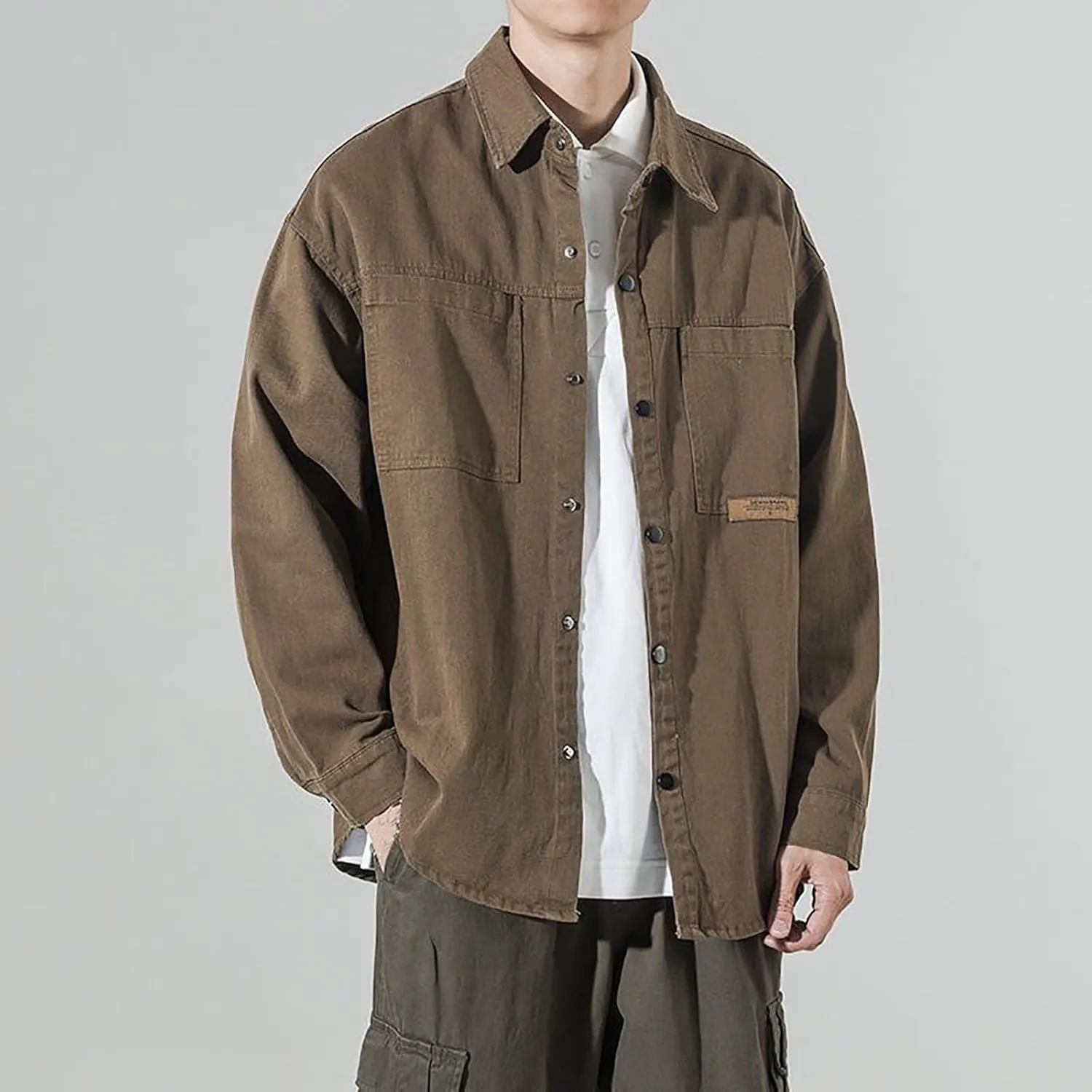 Muscularfit Stylish Jackets for Mens Vintage Solid Button Down Workwear Loose Fit Flap Collar Jackets Casual Fall Jacket Coat