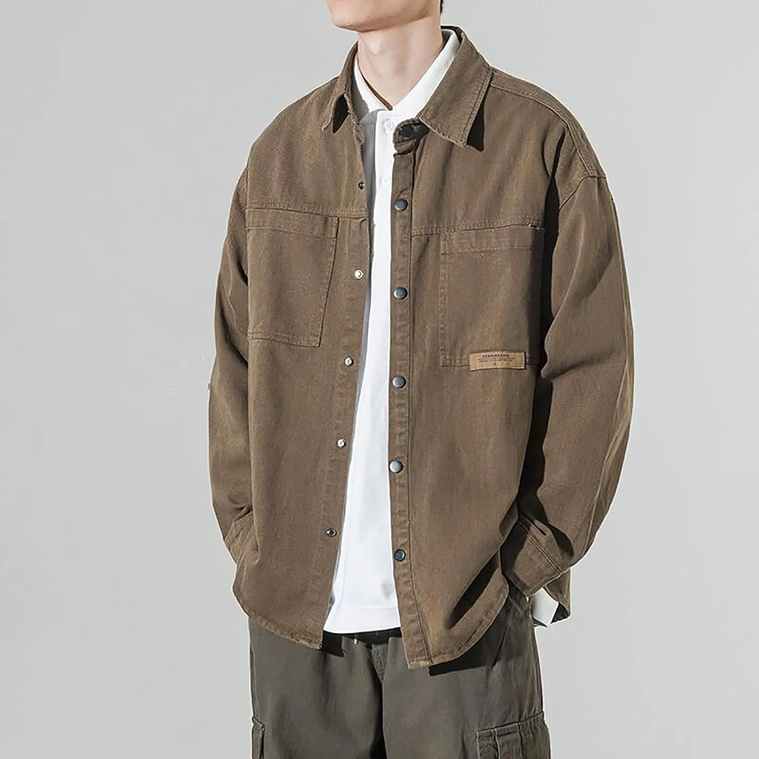 Muscularfit Stylish Jackets for Mens Vintage Solid Button Down Workwear Loose Fit Flap Collar Jackets Casual Fall Jacket Coat