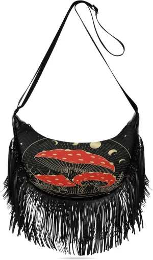 Mushroom-russula-pattern Women Tassel Fringe Shoulder bag, Fringe Purse Crossbody, Women Tassel Hobo Bag with Zipper