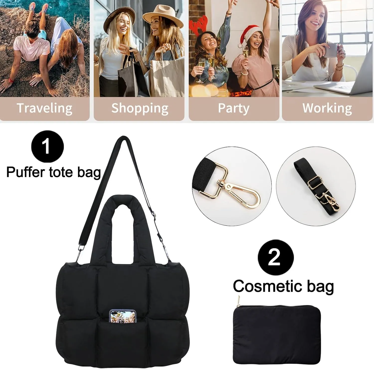 NAARIIAN Puffer Tote Bag for Women, Lightweight Quilted Puffy Shoulder Handbag with Adjustable Shoulder Strap
