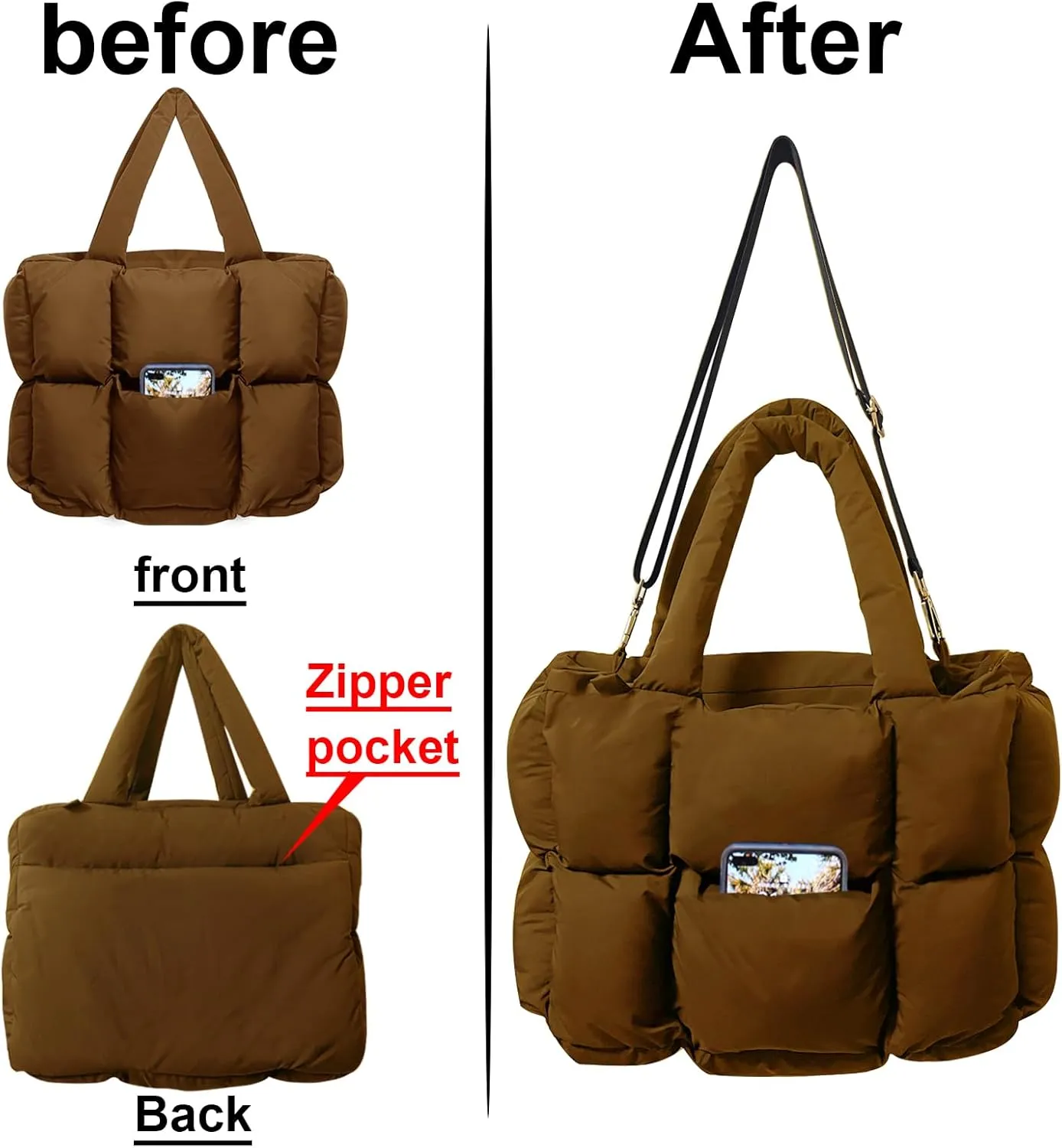NAARIIAN Puffer Tote Bag for Women, Lightweight Quilted Puffy Shoulder Handbag with Adjustable Shoulder Strap