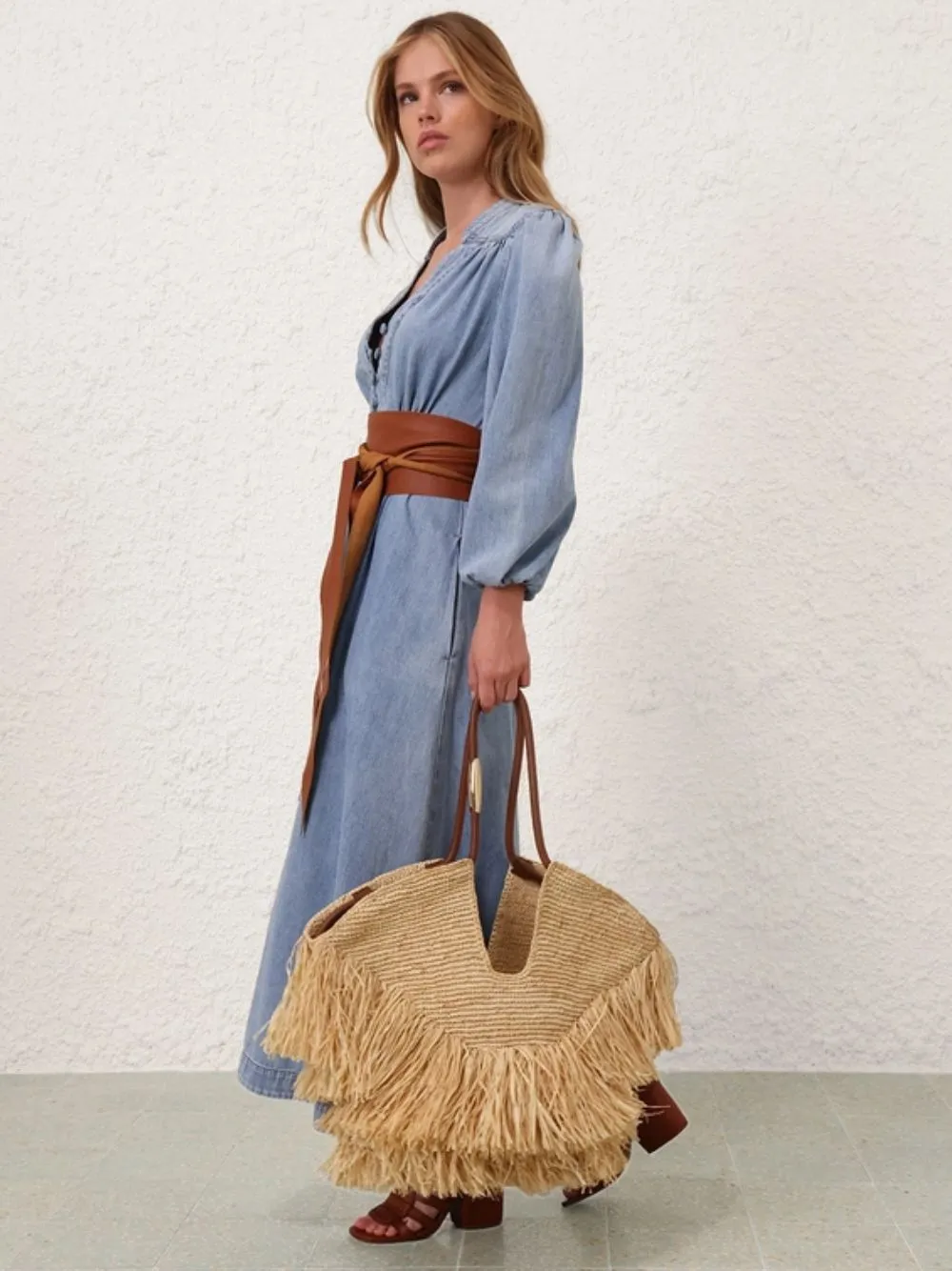 Natural Goldentime Medium Raffia Fringe Tote