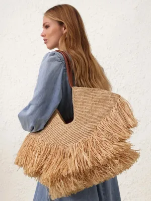 Natural Goldentime Medium Raffia Fringe Tote