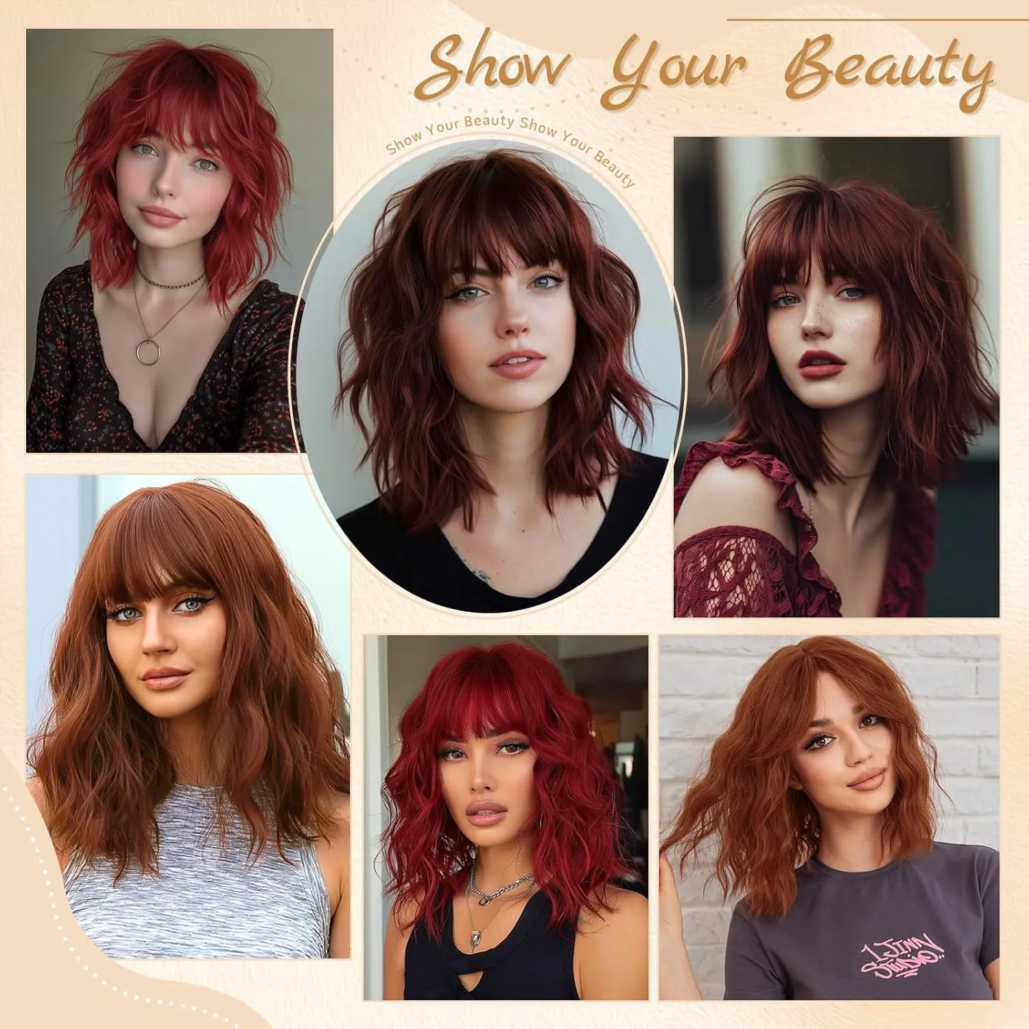 NAYOO Auburn Wig with Bangs, 14 Inch Short Curly Bob Wig for Women, Shoulder Length Wig for Cosplay & Halloween