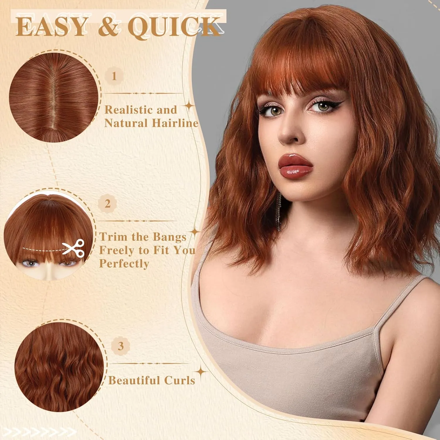 NAYOO Auburn Wig with Bangs, 14 Inch Short Curly Bob Wig for Women, Shoulder Length Wig for Cosplay & Halloween