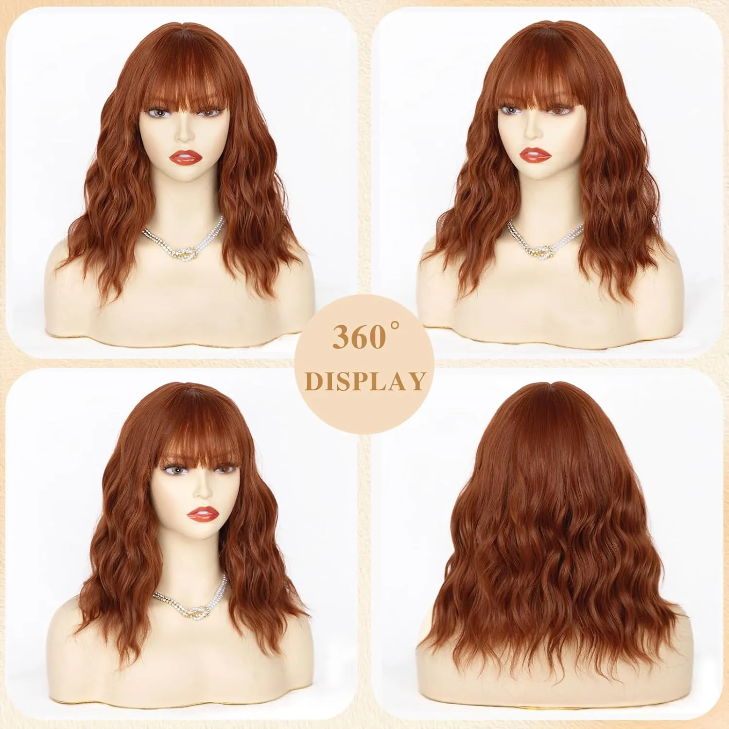 NAYOO Auburn Wig with Bangs, 14 Inch Short Curly Bob Wig for Women, Shoulder Length Wig for Cosplay & Halloween