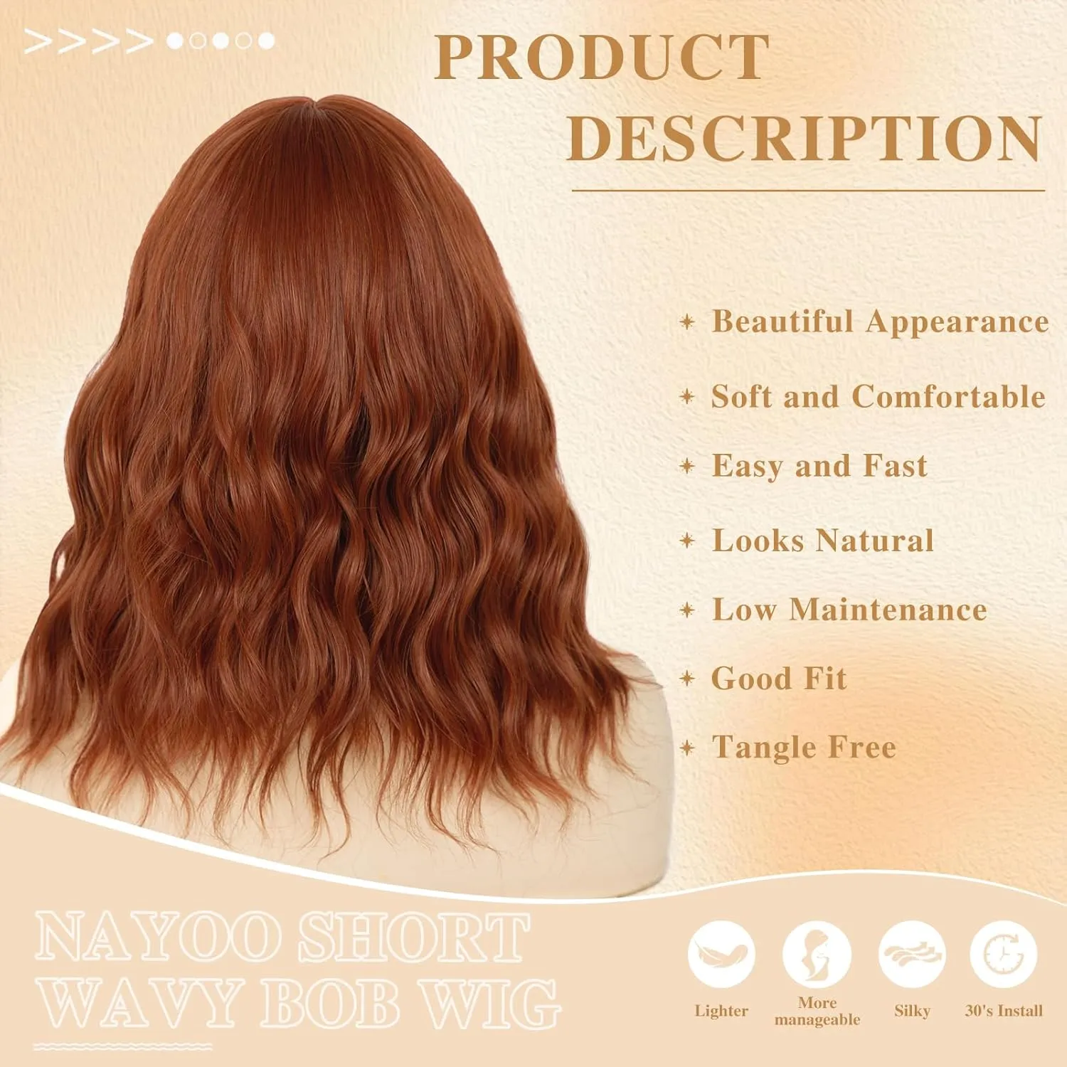 NAYOO Auburn Wig with Bangs, 14 Inch Short Curly Bob Wig for Women, Shoulder Length Wig for Cosplay & Halloween