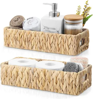 Nesting Wicker Storage Baskets for Organizing with Handles - Small HandWoven Water Hyacinth Toilet Paper Basket for Back of Toilet Tank Top - Storage Baskets for Coutertop Organizer, 2 Pack