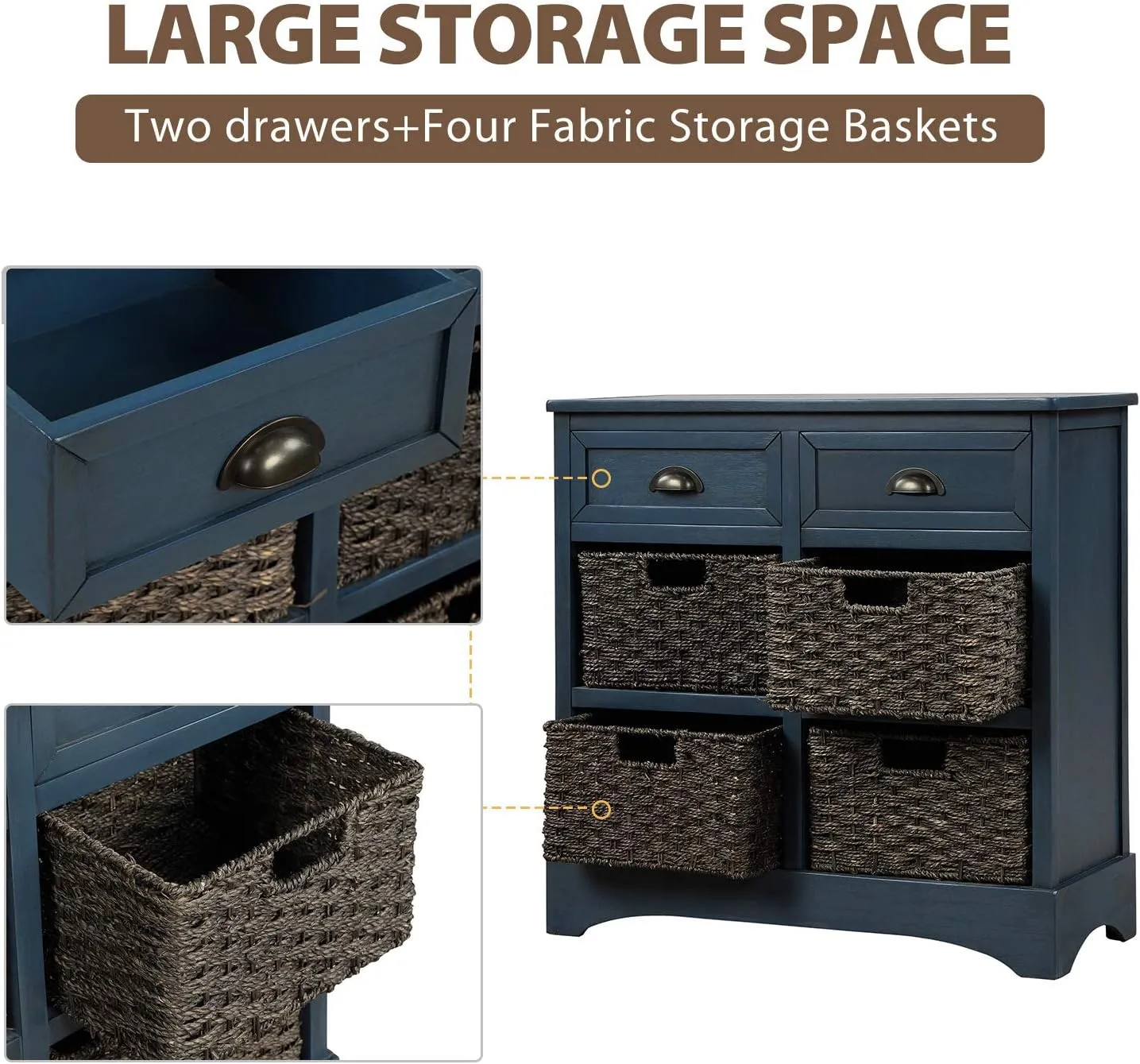 NicBex 28" Rustic Storage Cabinet with 2 Drawers and 4 Classic Rattan Basket,Wooden Kitchen Sideboard Storage Buffet Cabine for Living Room, Kitchen, Office,Hallway,Antique Navy