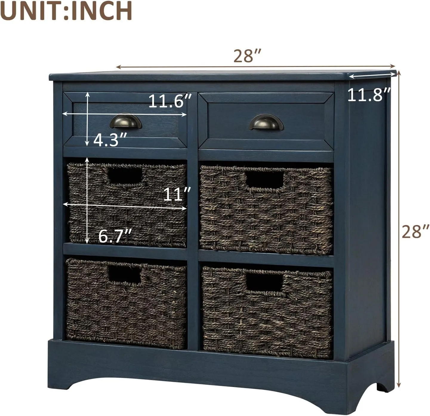 NicBex 28" Rustic Storage Cabinet with 2 Drawers and 4 Classic Rattan Basket,Wooden Kitchen Sideboard Storage Buffet Cabine for Living Room, Kitchen, Office,Hallway,Antique Navy