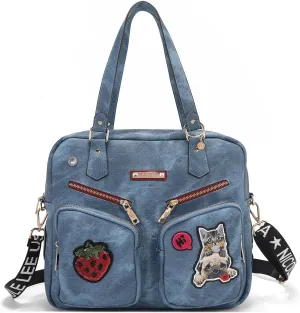 Nicole Lee Multi Patch Zipper Handbag, Medium Vegan Leather with Cotton Denim Look, Strawberry Sequin, Cat, Dog Patches (BLUE)