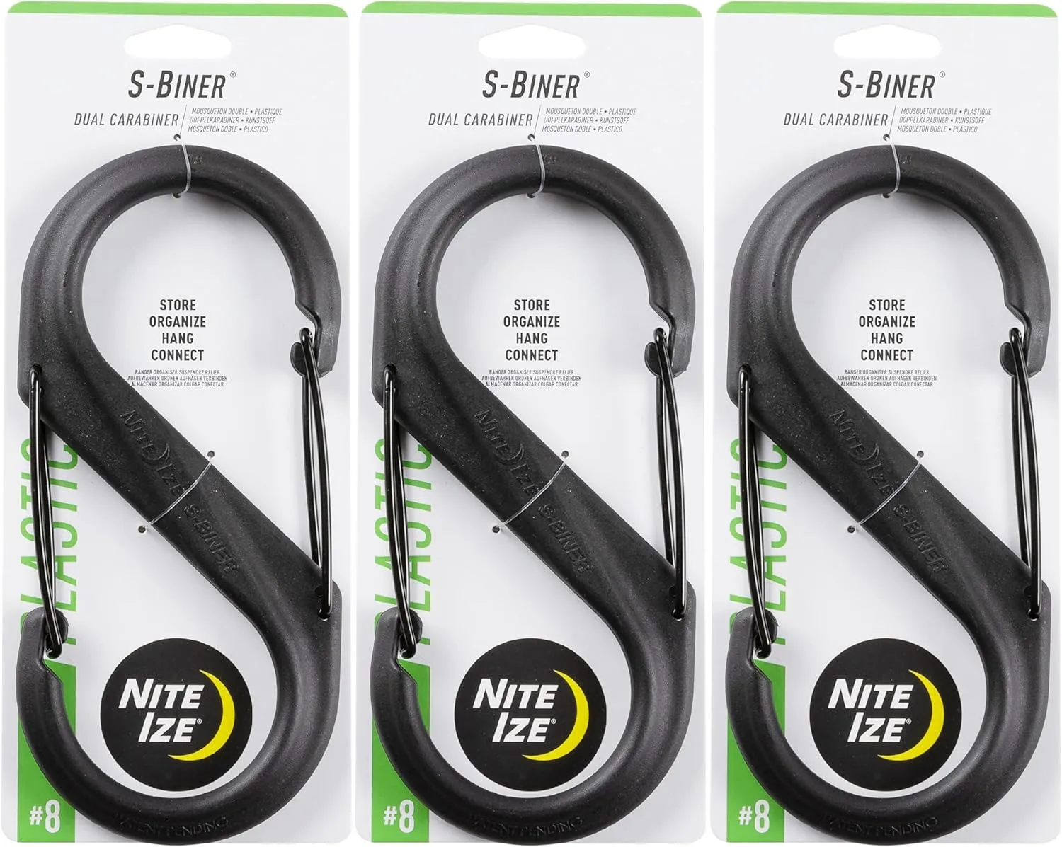 Nite Ize S-Biner Plastic Dual Carabiner - Daily Use Double-Sided S-Biner - Dual Clip Carabiner Accessory for Holding & Organizing - Accessory for Camping & More - Black, Size 8 (3 Pack)