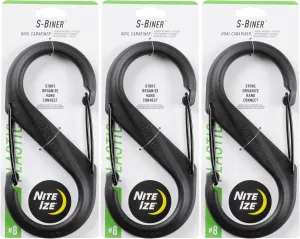 Nite Ize S-Biner Plastic Dual Carabiner - Daily Use Double-Sided S-Biner - Dual Clip Carabiner Accessory for Holding & Organizing - Accessory for Camping & More - Black, Size 8 (3 Pack)