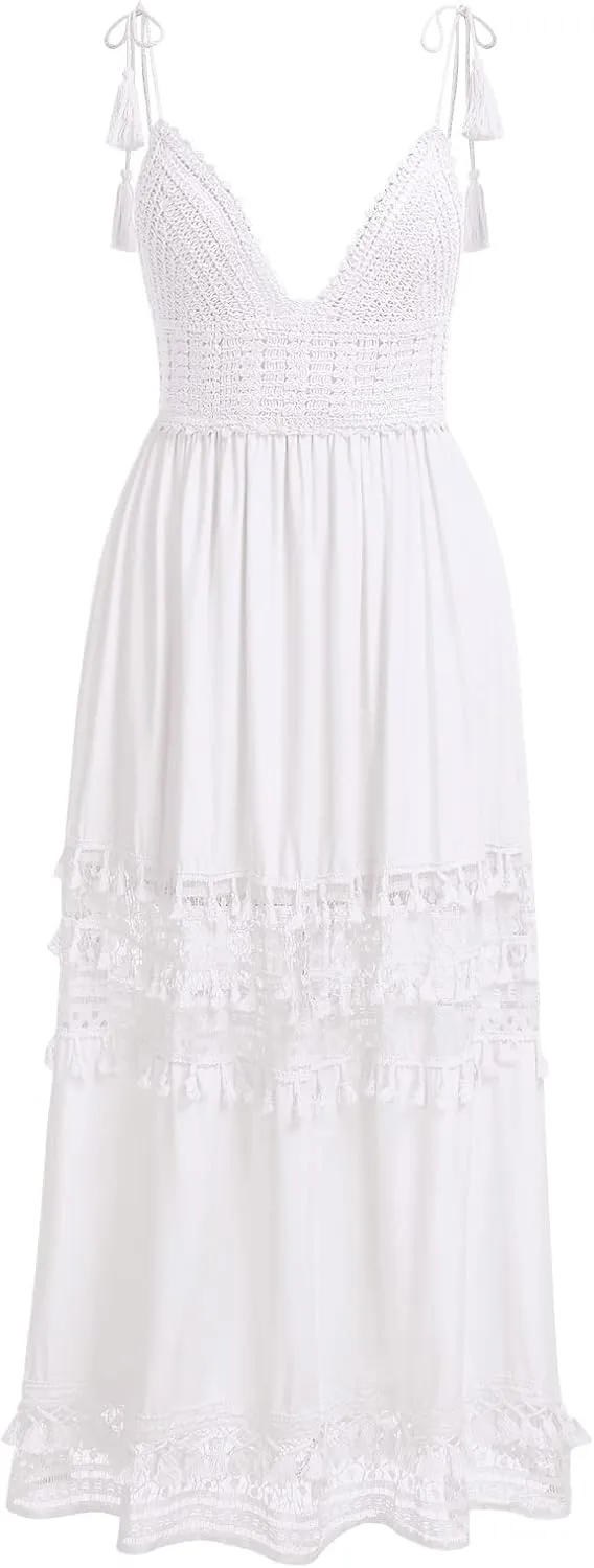 OBEEII Boho Dress for Women, Sleeveless V Neck Lace Up Tassel Summer Beach Maxi Dresses Flowy Long Sundress