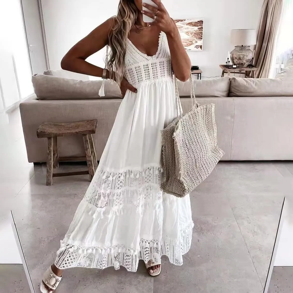 OBEEII Boho Dress for Women, Sleeveless V Neck Lace Up Tassel Summer Beach Maxi Dresses Flowy Long Sundress