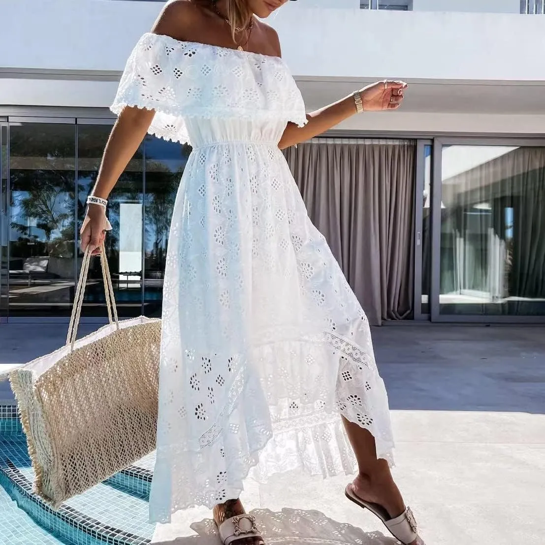 OBEEII Boho Dress for Women, Sleeveless V Neck Lace Up Tassel Summer Beach Maxi Dresses Flowy Long Sundress