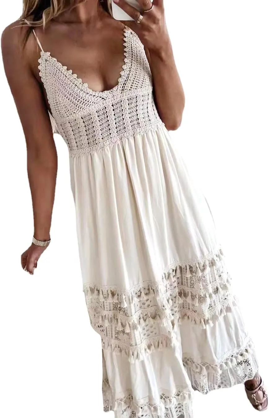 OBEEII Boho Dress for Women, Sleeveless V Neck Lace Up Tassel Summer Beach Maxi Dresses Flowy Long Sundress
