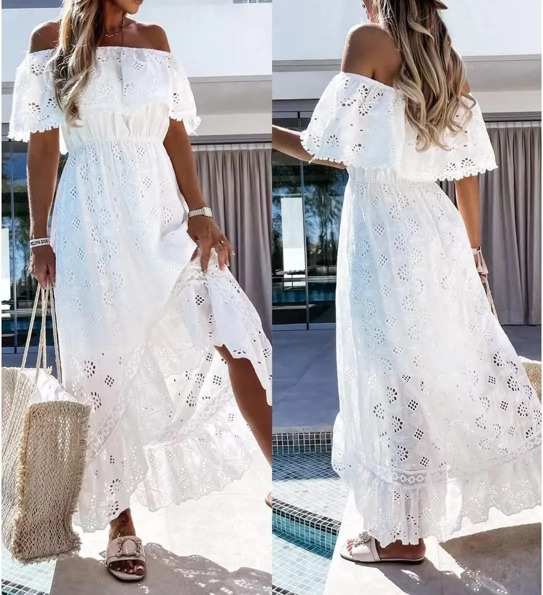 OBEEII Boho Dress for Women, Sleeveless V Neck Lace Up Tassel Summer Beach Maxi Dresses Flowy Long Sundress