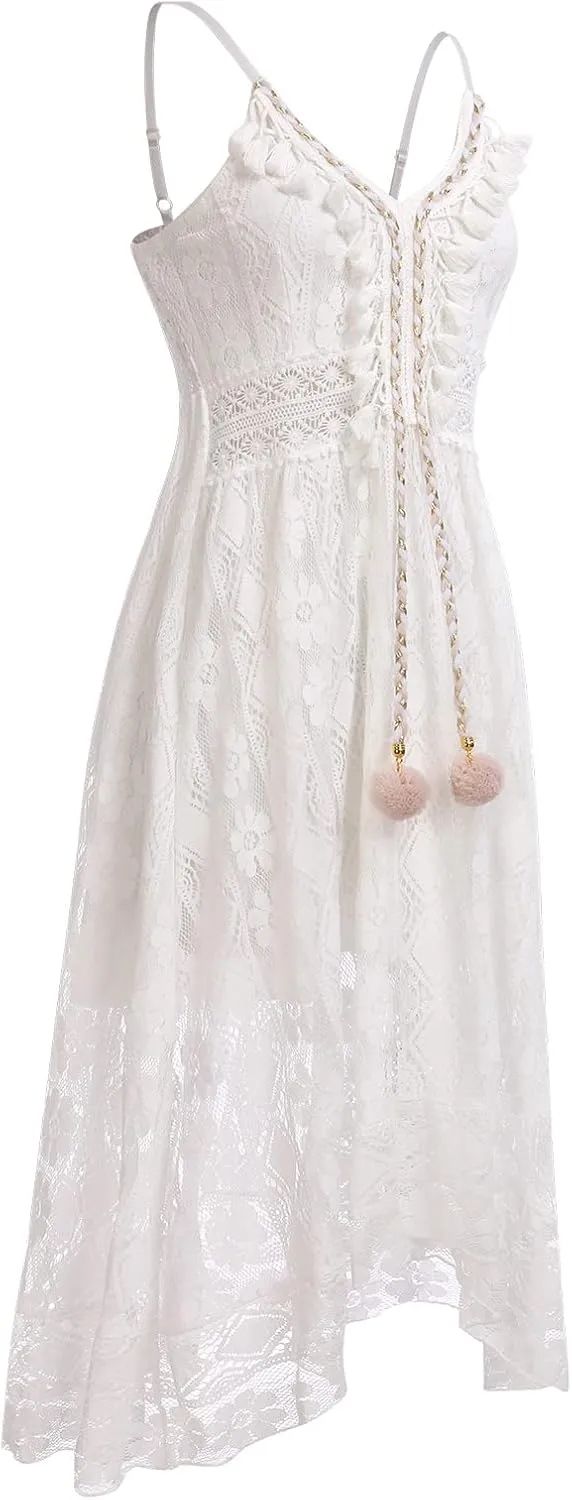 OBEEII Boho Dress for Women, Sleeveless V Neck Lace Up Tassel Summer Beach Maxi Dresses Flowy Long Sundress