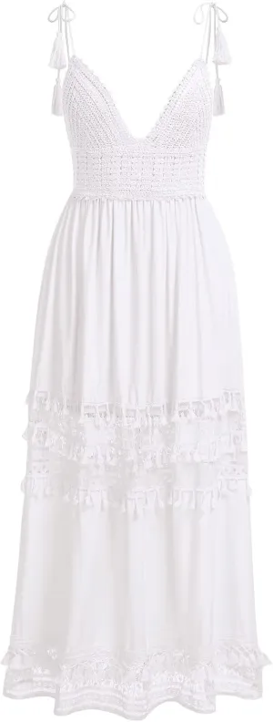 OBEEII Boho Dress for Women, Sleeveless V Neck Lace Up Tassel Summer Beach Maxi Dresses Flowy Long Sundress