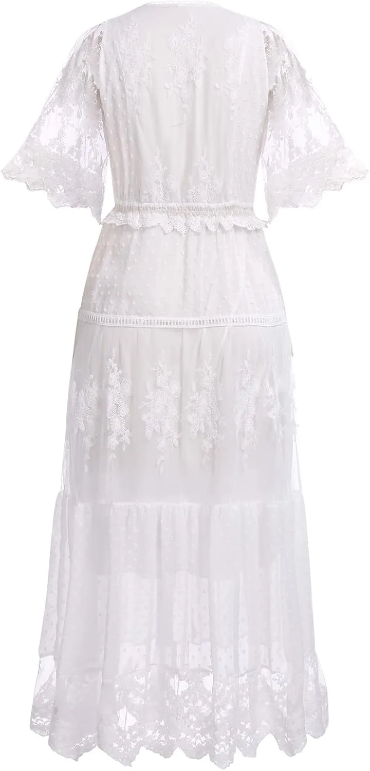 OBEEII Boho Dress for Women, Sleeveless V Neck Lace Up Tassel Summer Beach Maxi Dresses Flowy Long Sundress