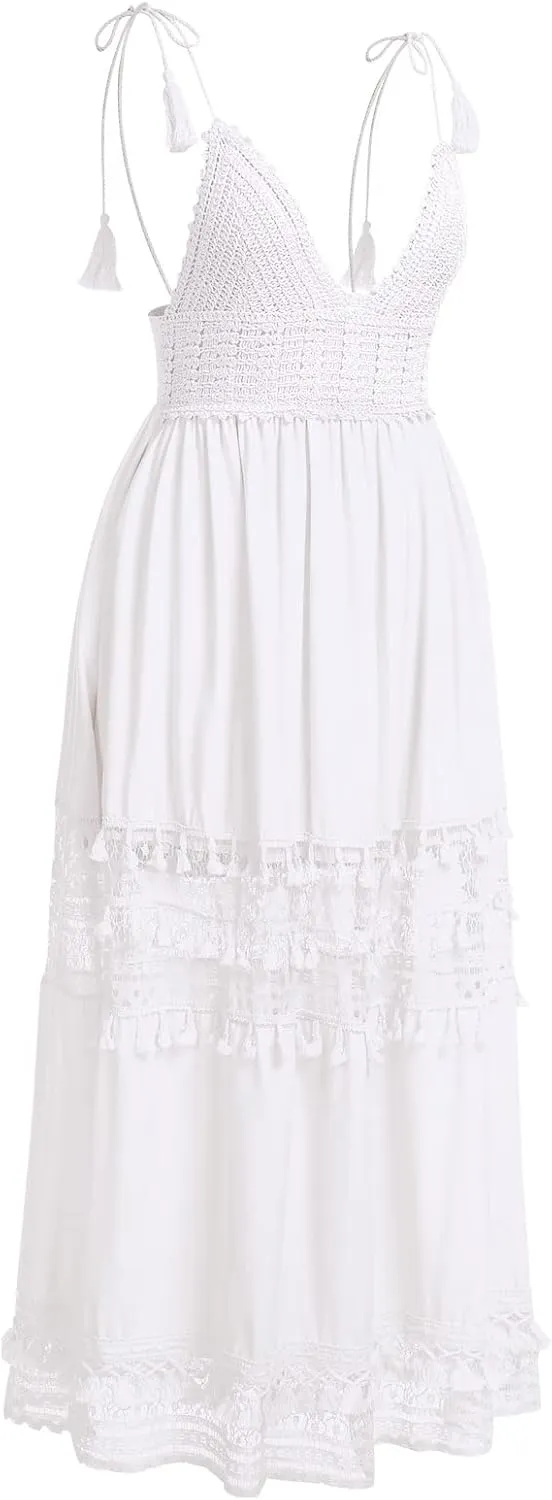 OBEEII Boho Dress for Women, Sleeveless V Neck Lace Up Tassel Summer Beach Maxi Dresses Flowy Long Sundress