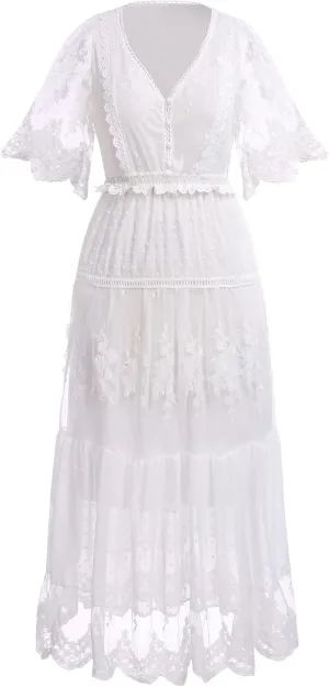 OBEEII Boho Dress for Women, Sleeveless V Neck Lace Up Tassel Summer Beach Maxi Dresses Flowy Long Sundress