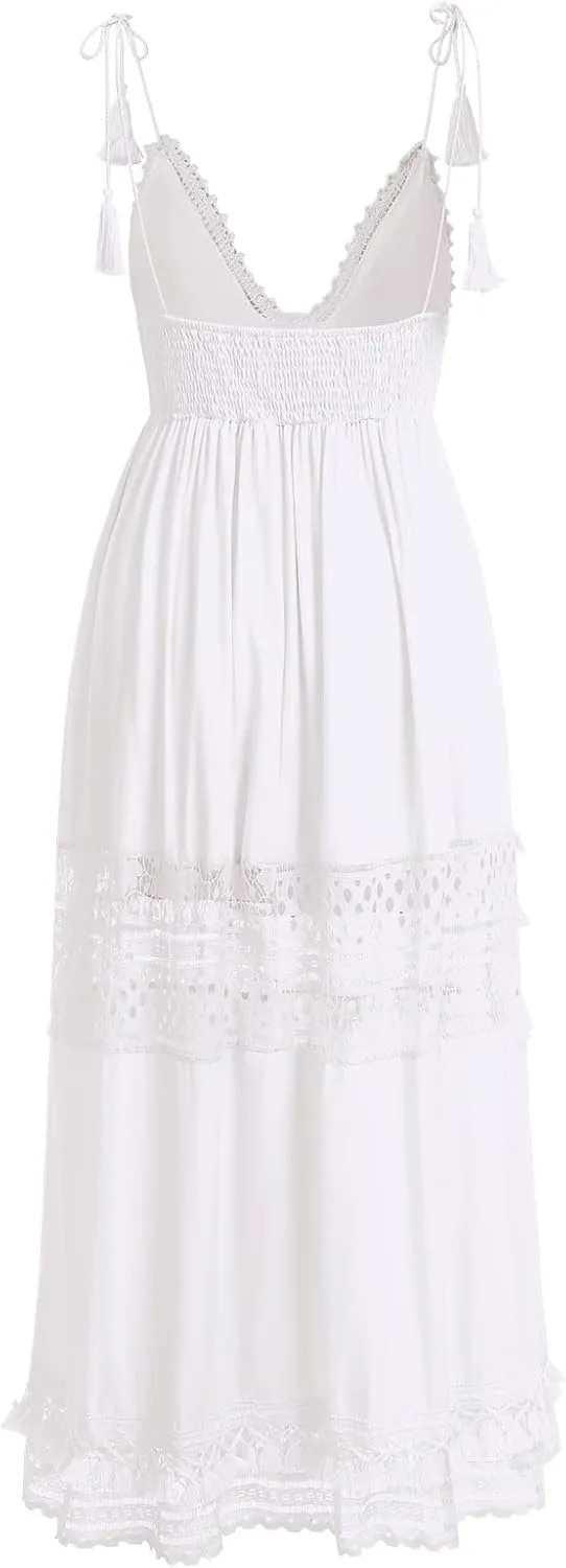OBEEII Boho Dress for Women, Sleeveless V Neck Lace Up Tassel Summer Beach Maxi Dresses Flowy Long Sundress