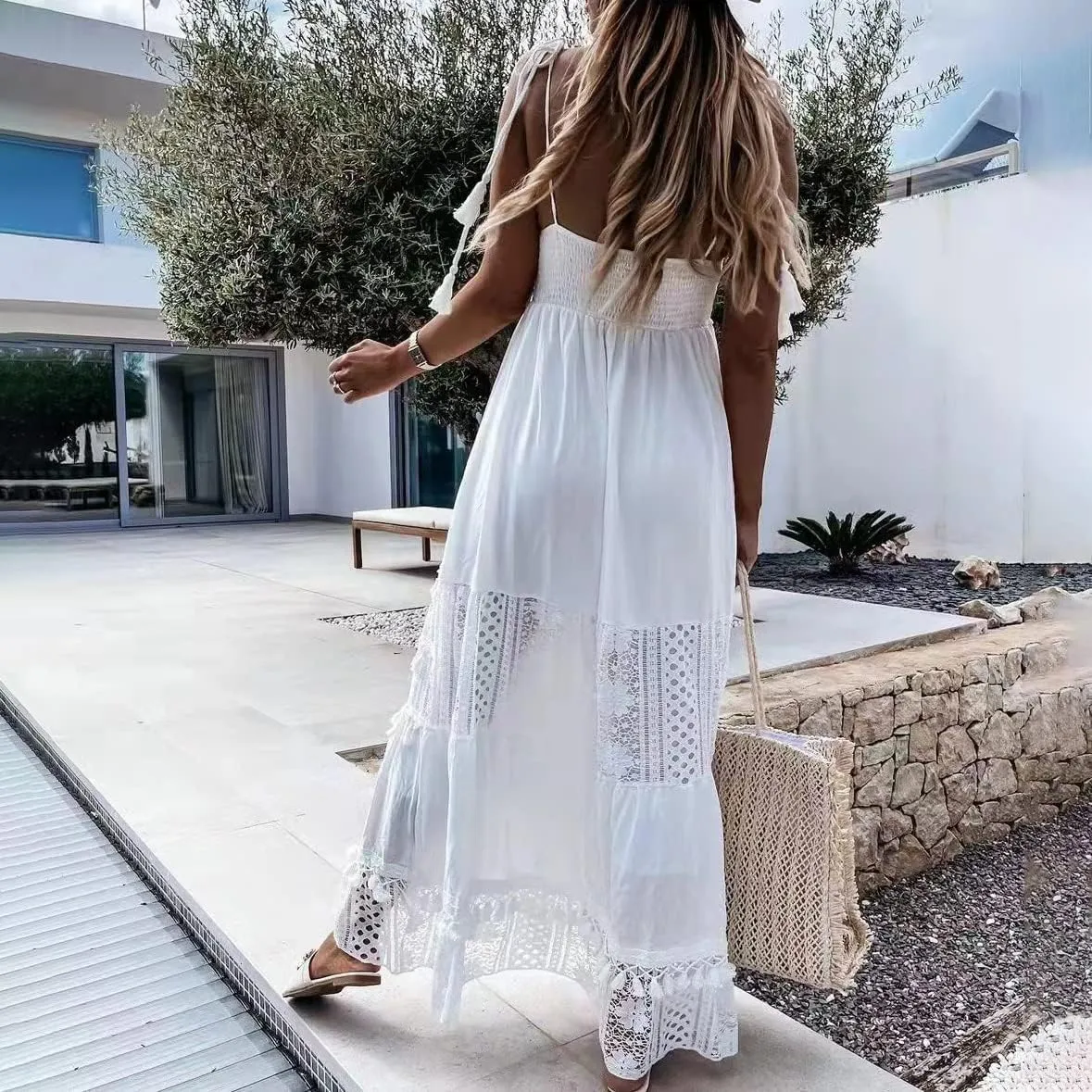 OBEEII Boho Dress for Women, Sleeveless V Neck Lace Up Tassel Summer Beach Maxi Dresses Flowy Long Sundress