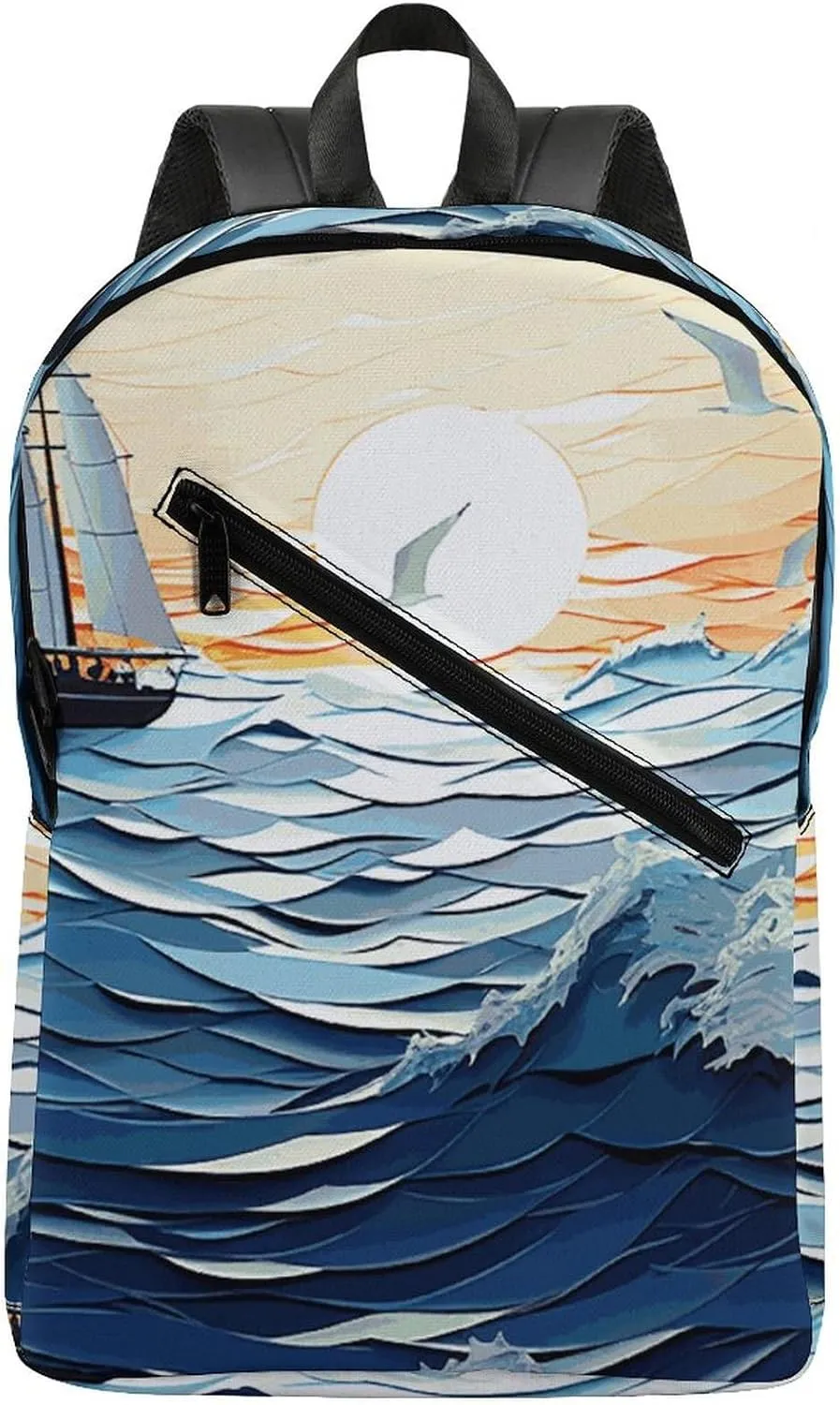 Ocean Waves Sailboat with Birds Maritime Travel Backpack for Women Men 2 Compartment Laptop Backpacks Laptop Bag Casual Daypack